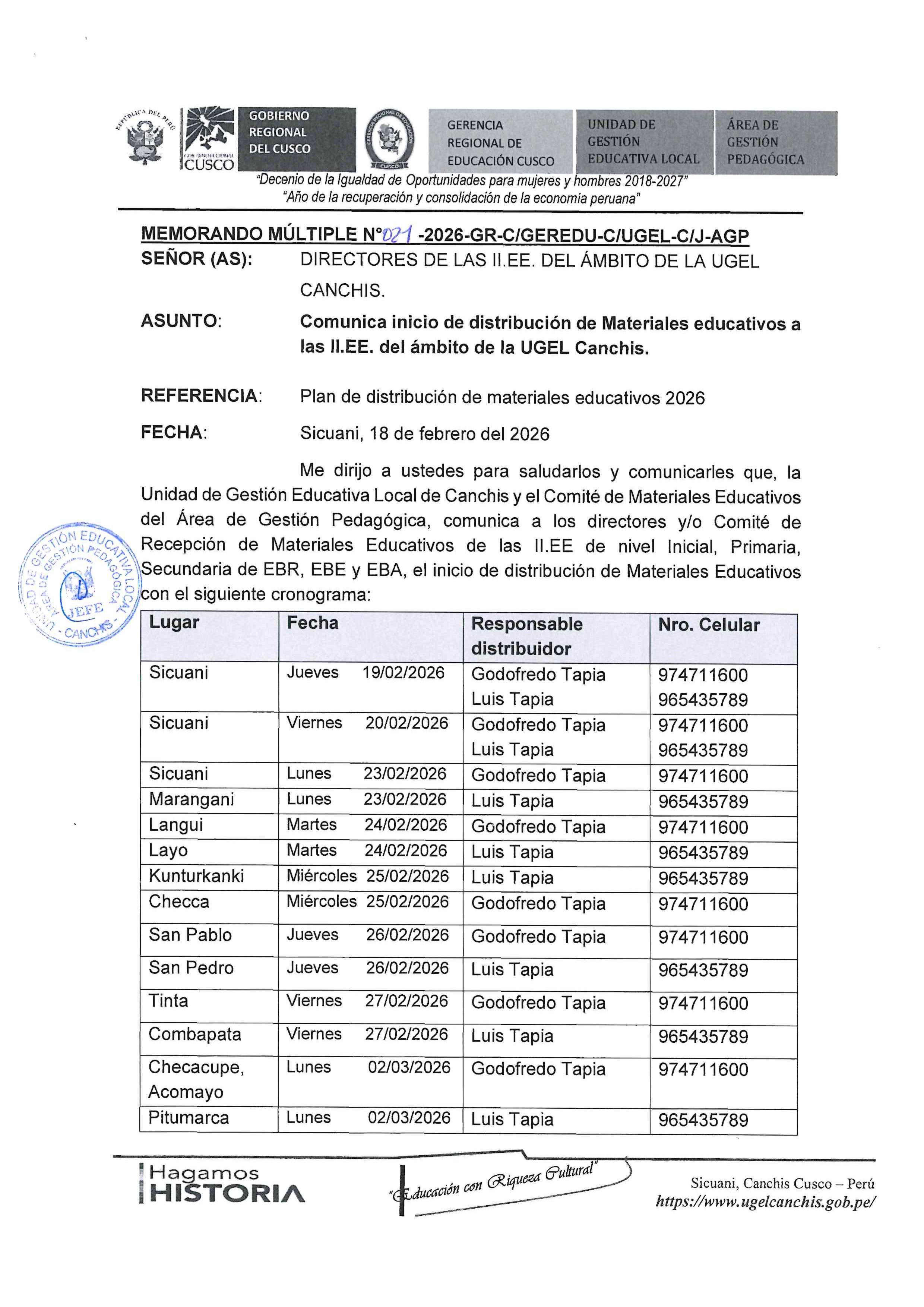 Comunica inicio de distribución de Materiales educativos a las II.EE. del ámbito de la UGEL Canchis.